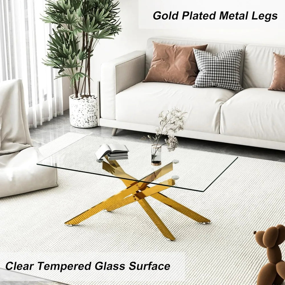 Gold Glass Coffee Table for Living Room, 39.4" Modern Rectangle Clear Tempered Glass Top & Golden Metal Leg, Sofa Center