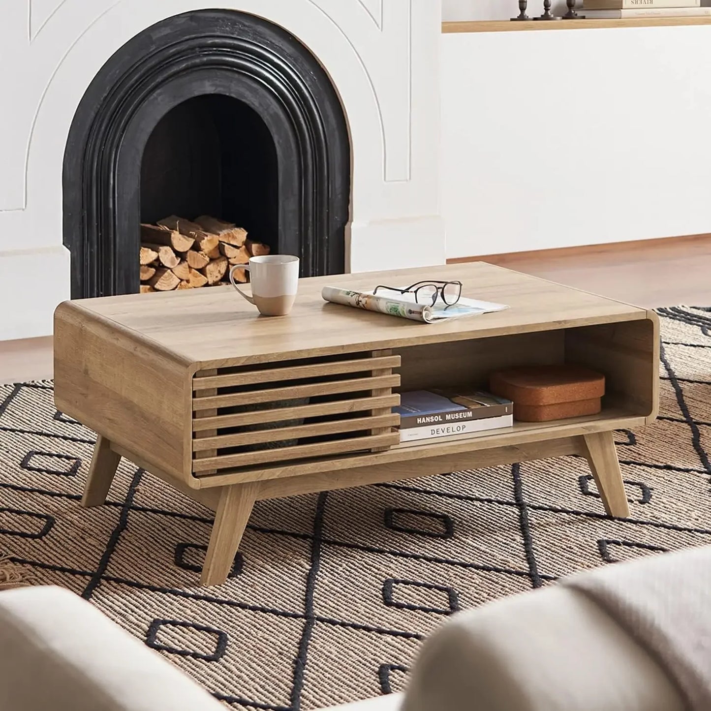 Ensley Coffee Table with Storage, Mid Century Modern, Farmhouse Wood Coffee Table for Living Room Fluted