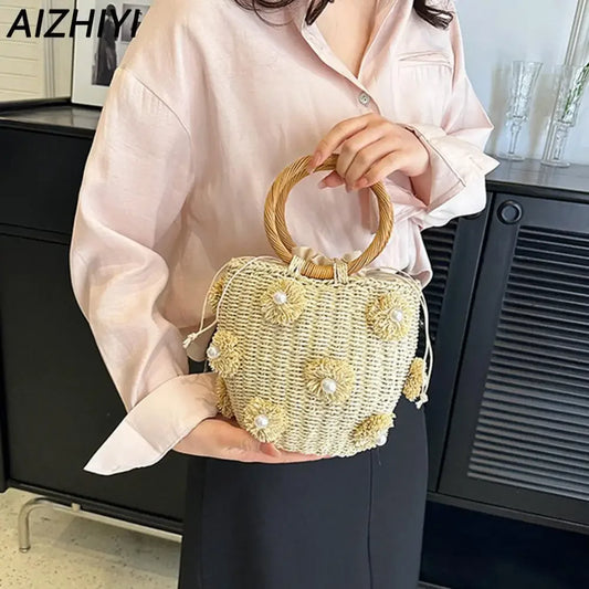 Fashion Women Straw Bucket Bag Drawstring Rattan Crochet Tote Handbag Purses Wrist Woven Straw Bag for Summer Holiday Beach Bag