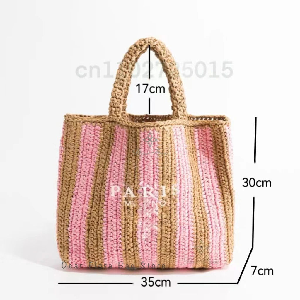 Women Colorful Stripes Fashion Straw Knitting Tote Bag Handwoven Summer Beach Travel Shoulder Bag Casual Bali Big Handbag Purses