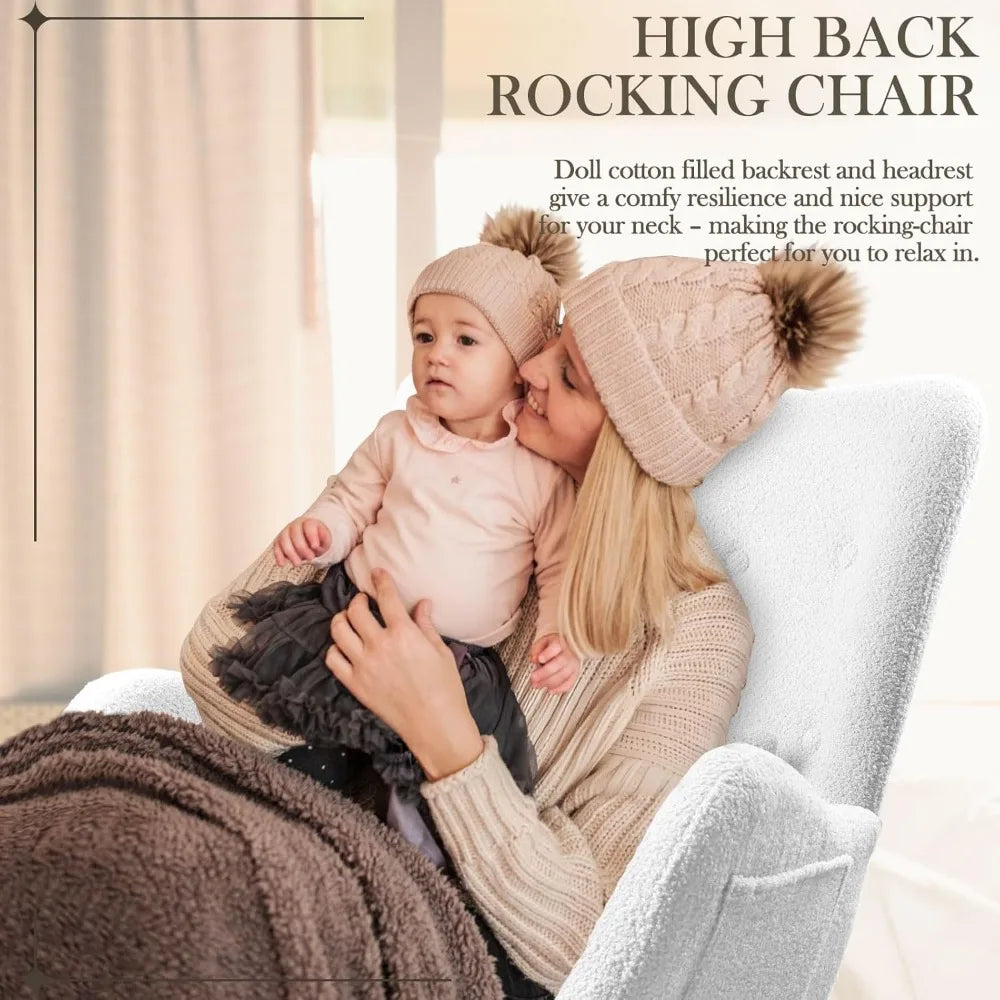 Rocking Chair Nursery, Teddy Upholstered Rocking Chair Indoor with High Backrest Glider Accent Chair, Padded Seat Nursing Chair