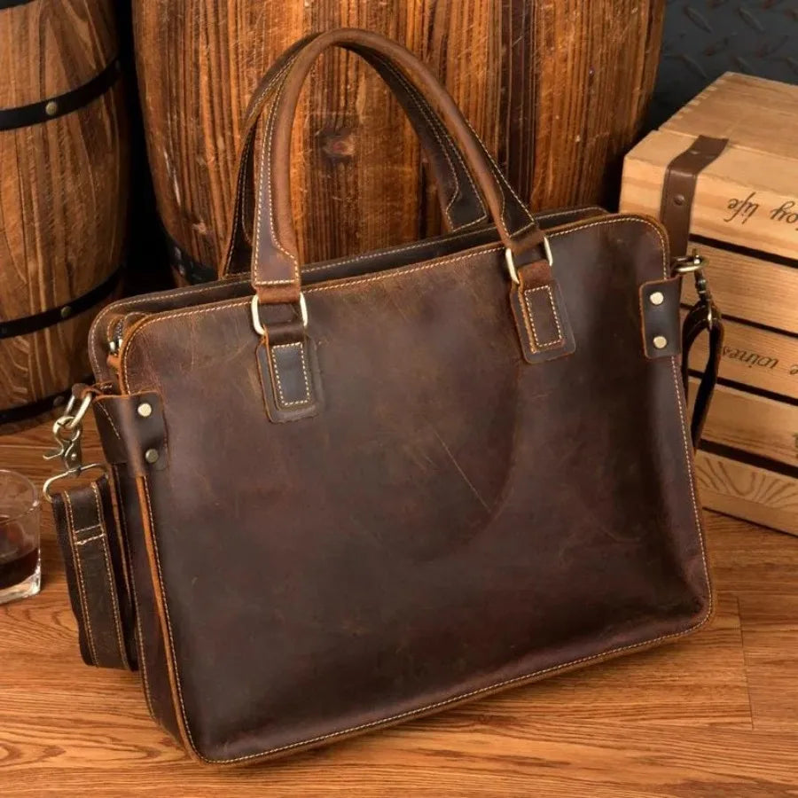 Genuine Leather Messenger Bag for Men Women Business Travel Anti Theft Waterproof Portable Briefcase