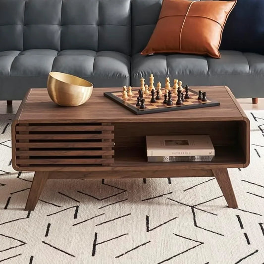Ensley Coffee Table with Storage, Mid Century Modern, Farmhouse Wood Coffee Table for Living Room Fluted