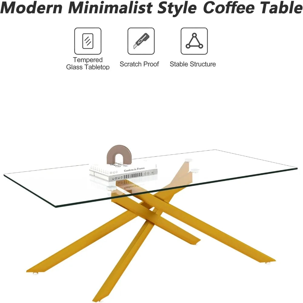 Gold Glass Coffee Table for Living Room, 39.4" Modern Rectangle Clear Tempered Glass Top & Golden Metal Leg, Sofa Center