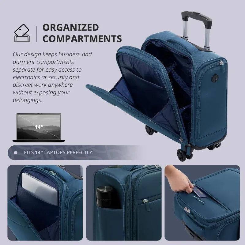 Underseat Carry On Luggage with Wheels, 14.5-Inch Spinner Small Suitcase, Softside Lightweight Travel Bag for Men and Women