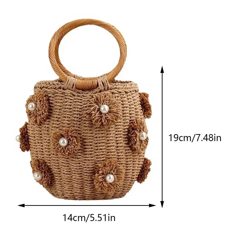 Fashion Women Straw Bucket Bag Drawstring Rattan Crochet Tote Handbag Purses Wrist Woven Straw Bag for Summer Holiday Beach Bag