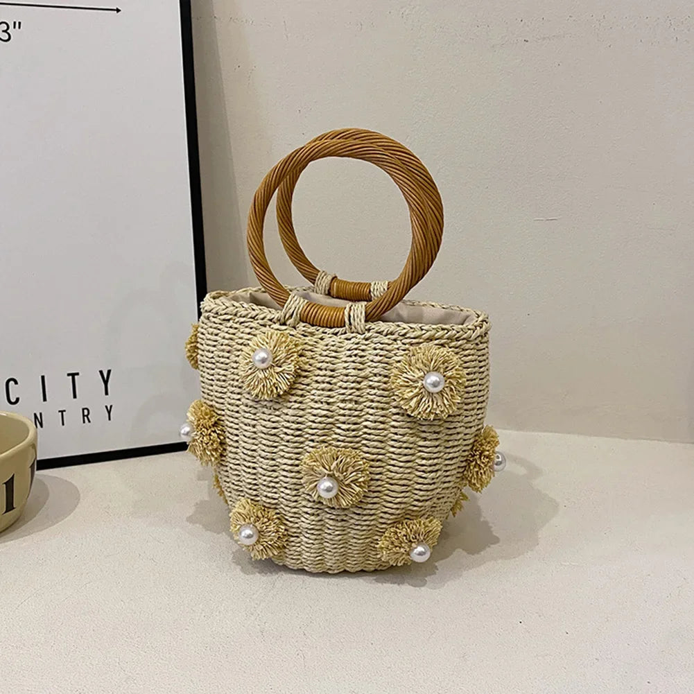 Fashion Women Straw Bucket Bag Drawstring Rattan Crochet Tote Handbag Purses Wrist Woven Straw Bag for Summer Holiday Beach Bag