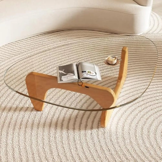 Mid-Century Modern Coffee Table - Triangle Glass Top Natural Wood Base Triangle Coffee Table for Living Room Patio Office Abstr