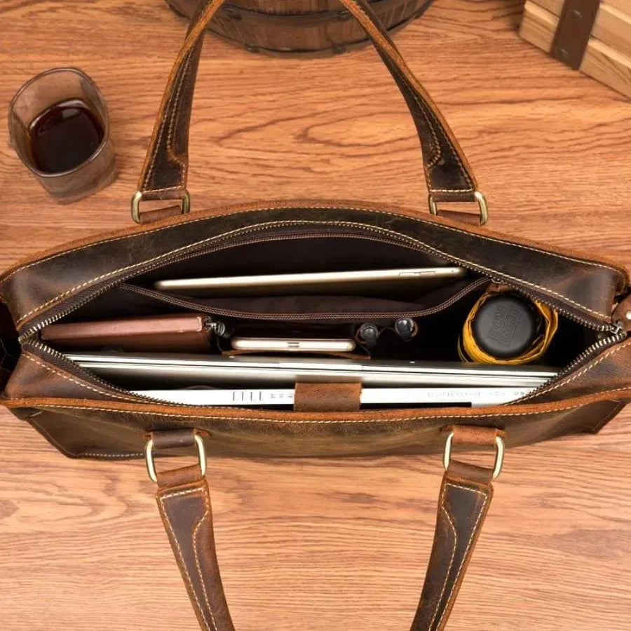 Genuine Leather Messenger Bag for Men Women Business Travel Anti Theft Waterproof Portable Briefcase