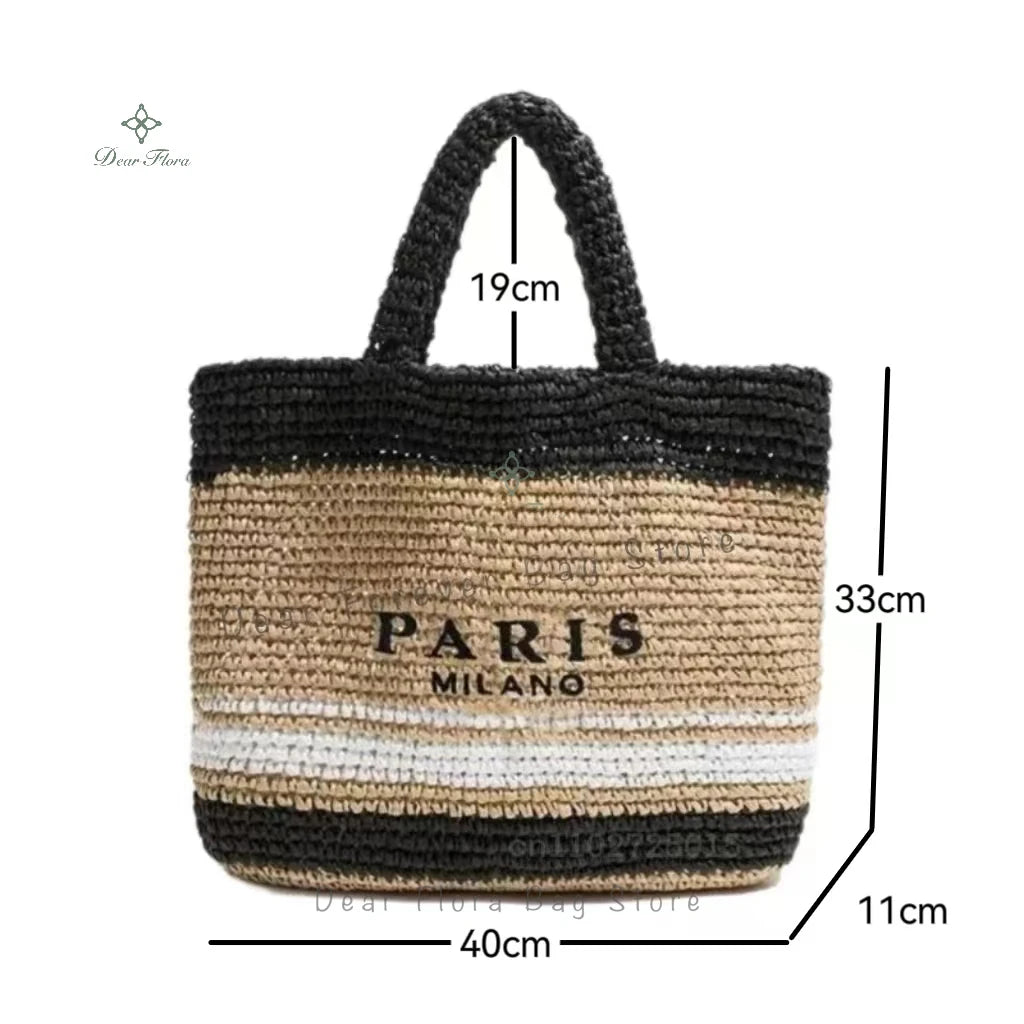 Women Colorful Stripes Fashion Straw Knitting Tote Bag Handwoven Summer Beach Travel Shoulder Bag Casual Bali Big Handbag Purses