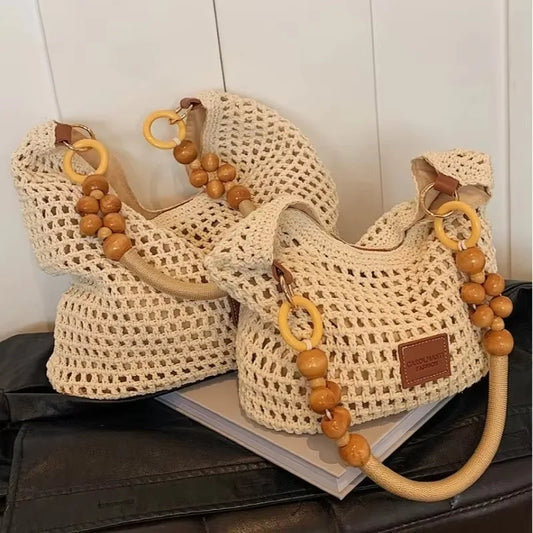Beach Summer Bag for Women Mesh Woven Shoulder Bag Adjustable Strap Handbag Large Capacity Hobo Bag for Travel Vacation