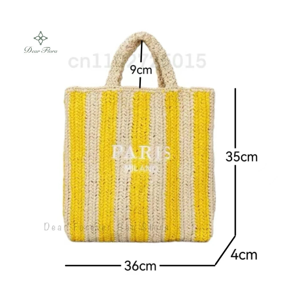 Women Colorful Stripes Fashion Straw Knitting Tote Bag Handwoven Summer Beach Travel Shoulder Bag Casual Bali Big Handbag Purses