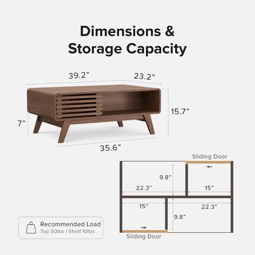 Ensley Coffee Table with Storage, Mid Century Modern, Farmhouse Wood Coffee Table for Living Room Fluted