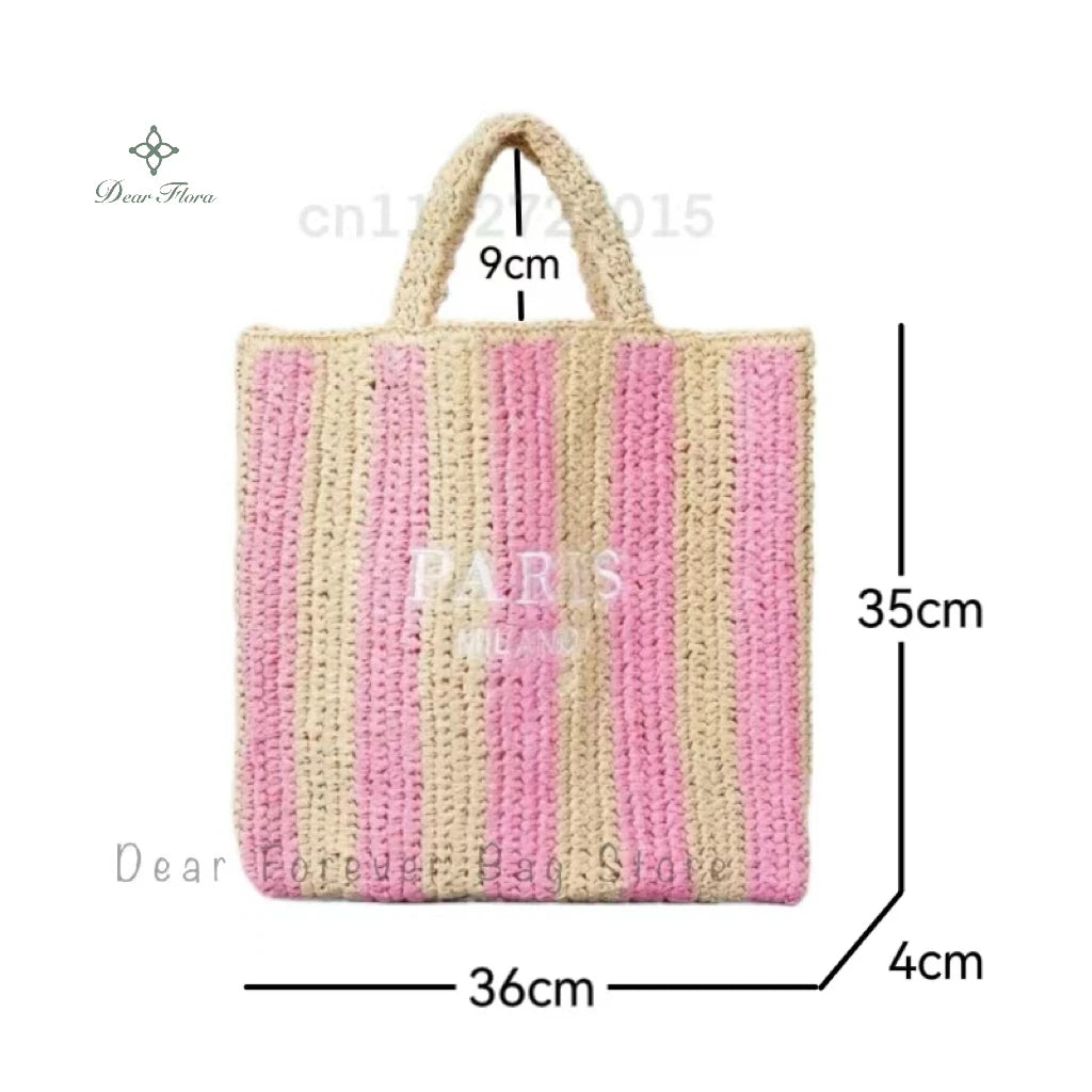 Women Colorful Stripes Fashion Straw Knitting Tote Bag Handwoven Summer Beach Travel Shoulder Bag Casual Bali Big Handbag Purses