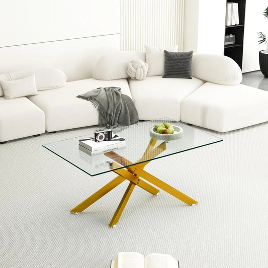 Gold Glass Coffee Table for Living Room, 39.4" Modern Rectangle Clear Tempered Glass Top & Golden Metal Leg, Sofa Center