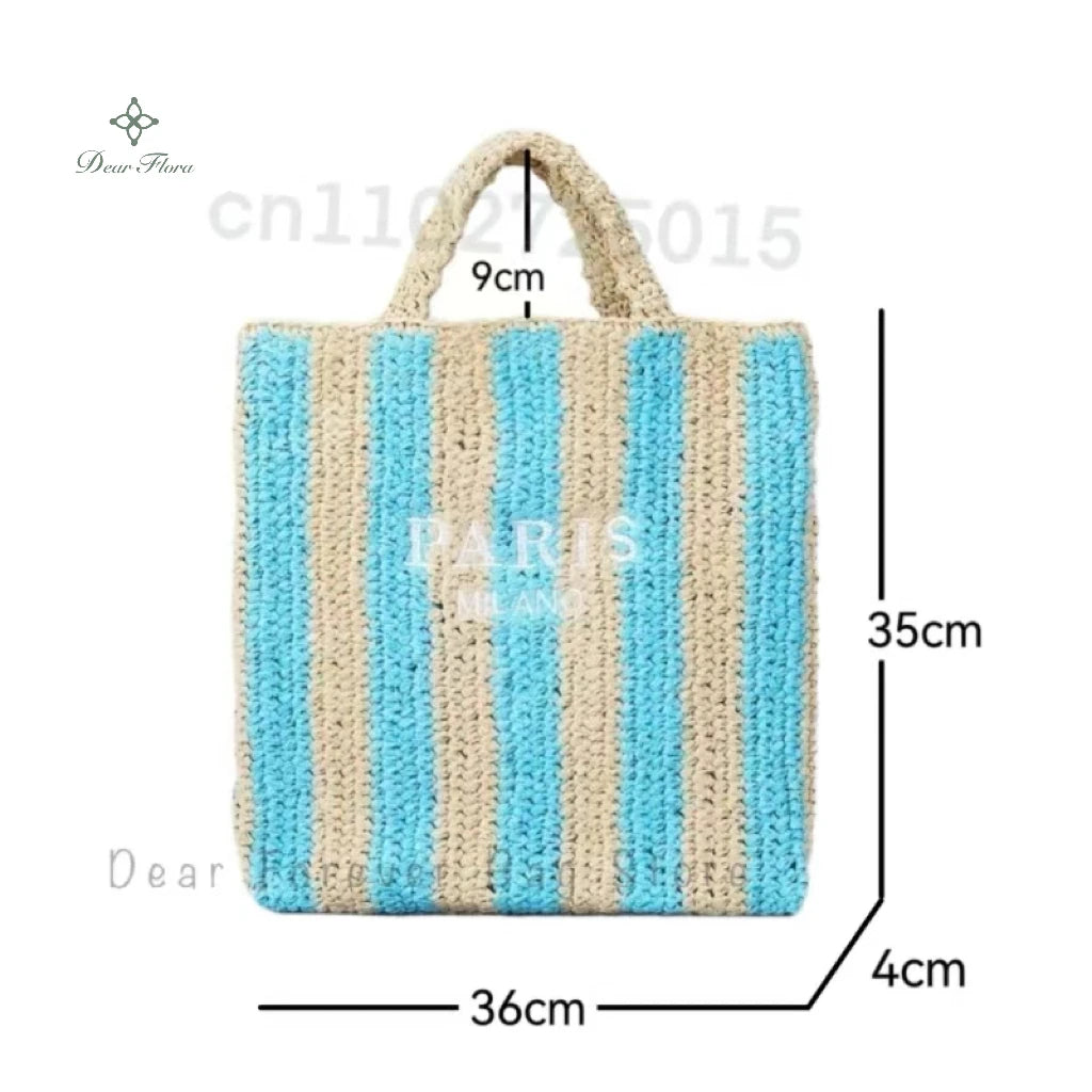 Women Colorful Stripes Fashion Straw Knitting Tote Bag Handwoven Summer Beach Travel Shoulder Bag Casual Bali Big Handbag Purses