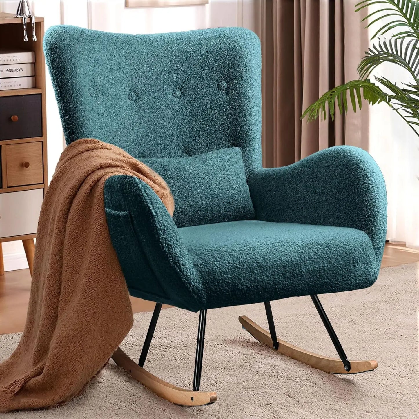 Rocking Chair Nursery, Teddy Upholstered Rocking Chair Indoor with High Backrest Glider Accent Chair, Padded Seat Nursing Chair