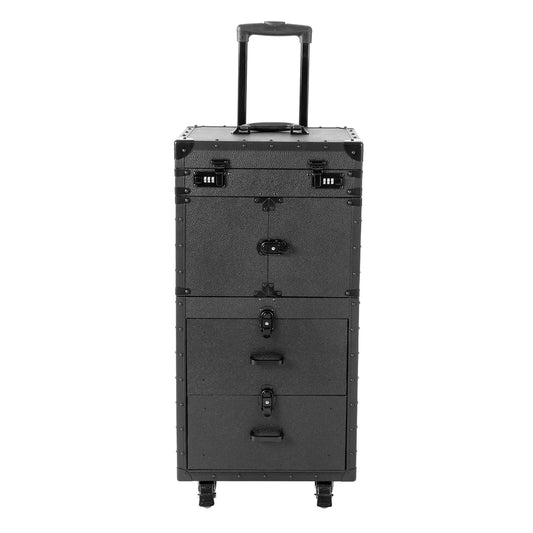Vintage Black Rolling Hairdressing Tool Case with Upgraded Metal Wheels - Full Black Stylist Trolley for Professional Salon Use