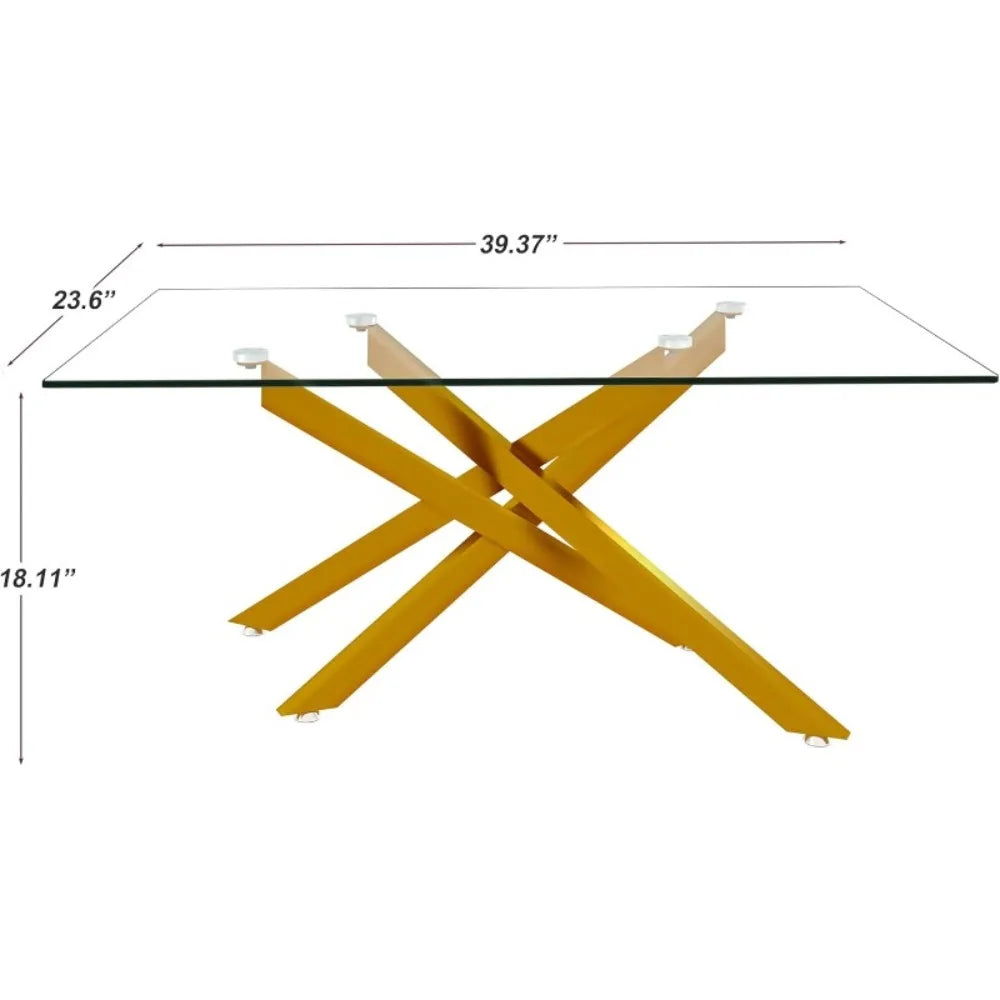 Gold Glass Coffee Table for Living Room, 39.4" Modern Rectangle Clear Tempered Glass Top & Golden Metal Leg, Sofa Center