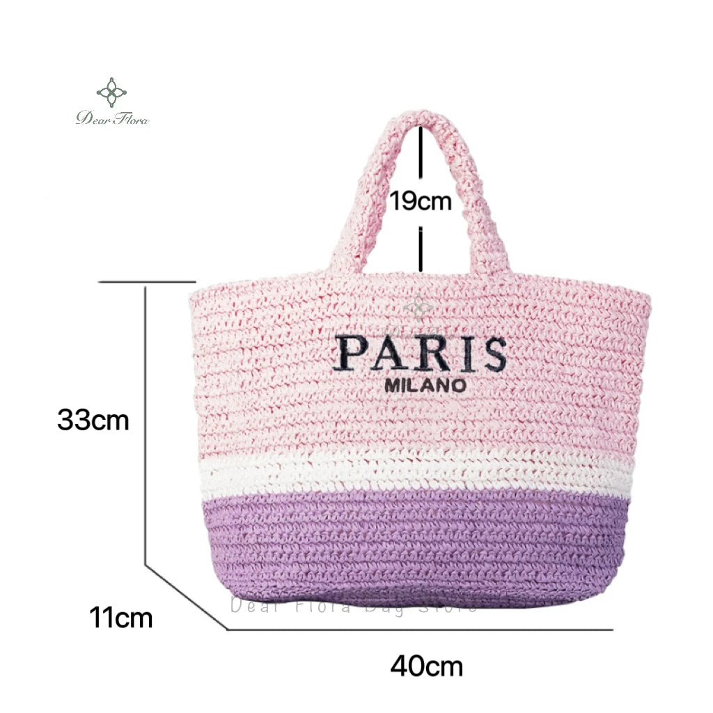 Women Colorful Stripes Fashion Straw Knitting Tote Bag Handwoven Summer Beach Travel Shoulder Bag Casual Bali Big Handbag Purses