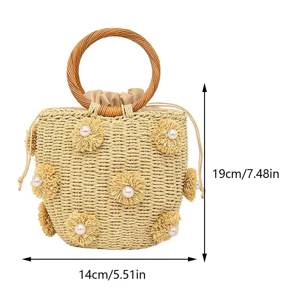 Fashion Women Straw Bucket Bag Drawstring Rattan Crochet Tote Handbag Purses Wrist Woven Straw Bag for Summer Holiday Beach Bag