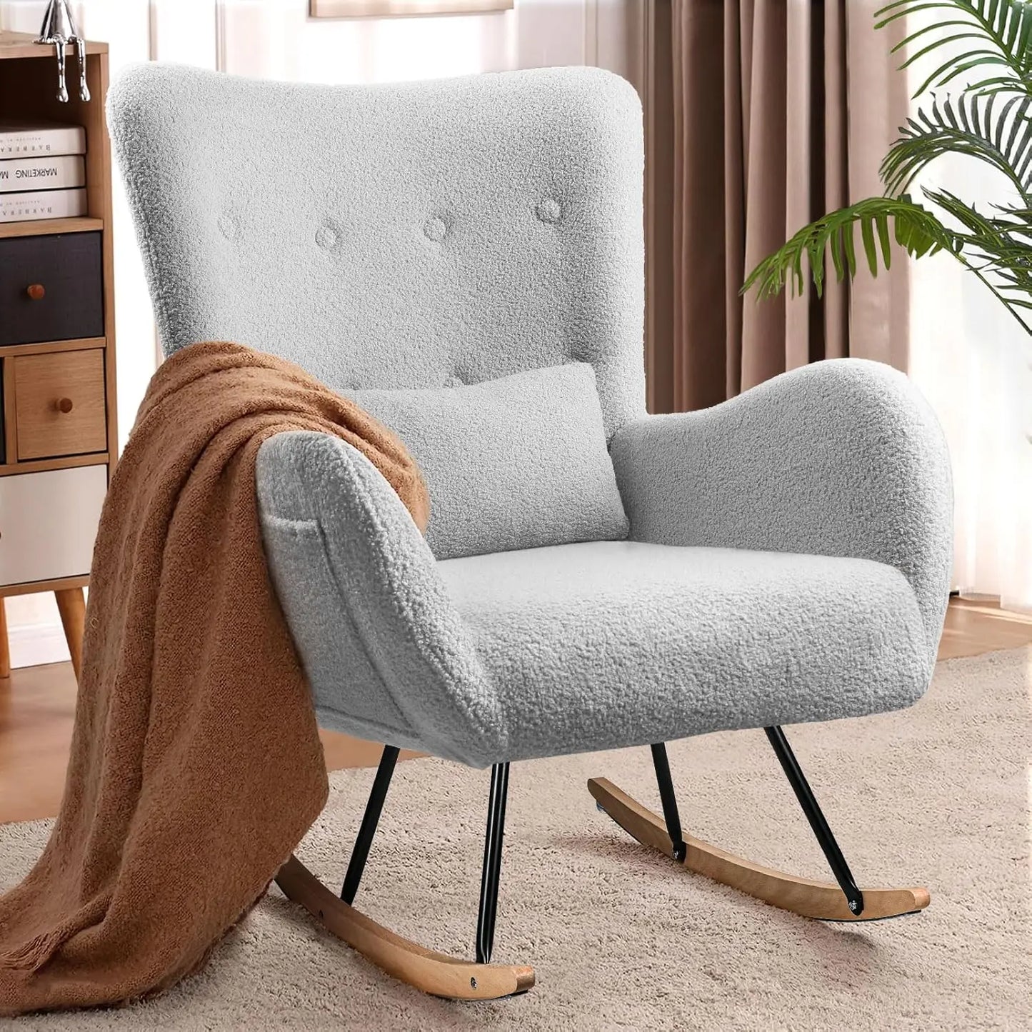 Rocking Chair Nursery, Teddy Upholstered Rocking Chair Indoor with High Backrest Glider Accent Chair, Padded Seat Nursing Chair