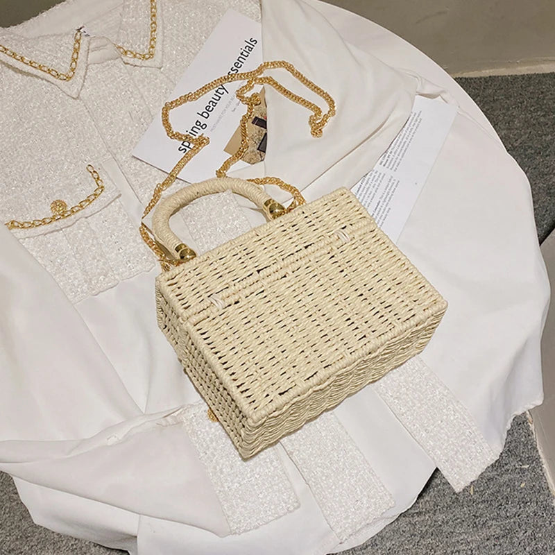 Summer Box Small Purse and Handbags For Women Rattan Straw Woven Crossbody Shoulder Bags Female Fashion Chain Travel Beach Bags