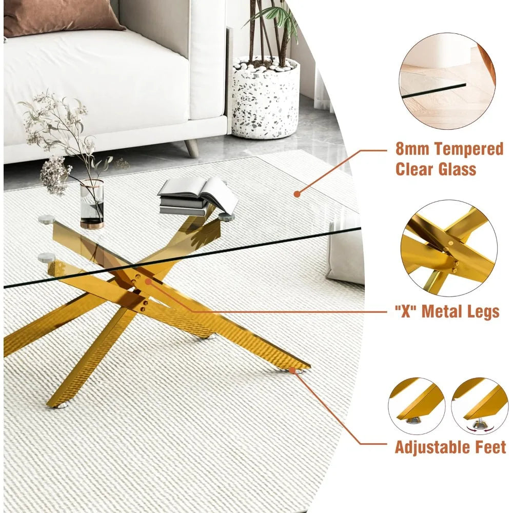Gold Glass Coffee Table for Living Room, 39.4" Modern Rectangle Clear Tempered Glass Top & Golden Metal Leg, Sofa Center