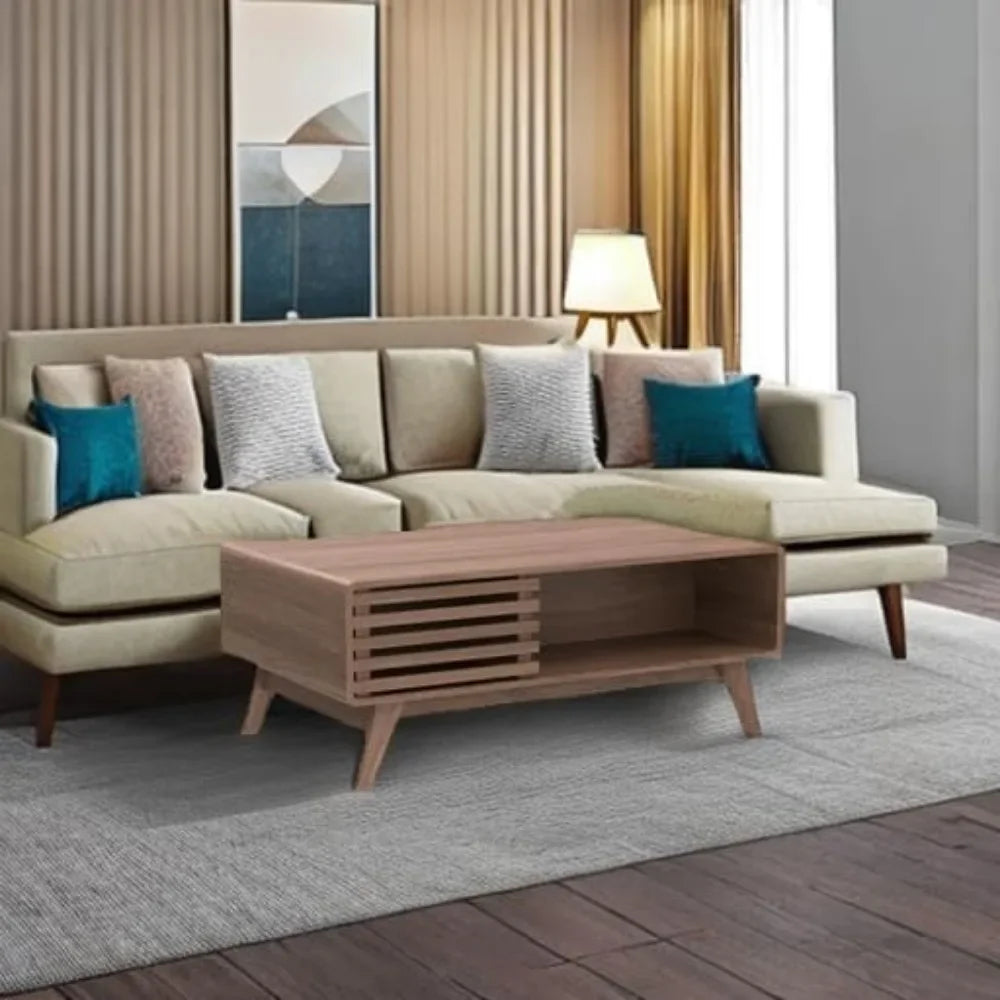 Ensley Coffee Table with Storage, Mid Century Modern, Farmhouse Wood Coffee Table for Living Room Fluted