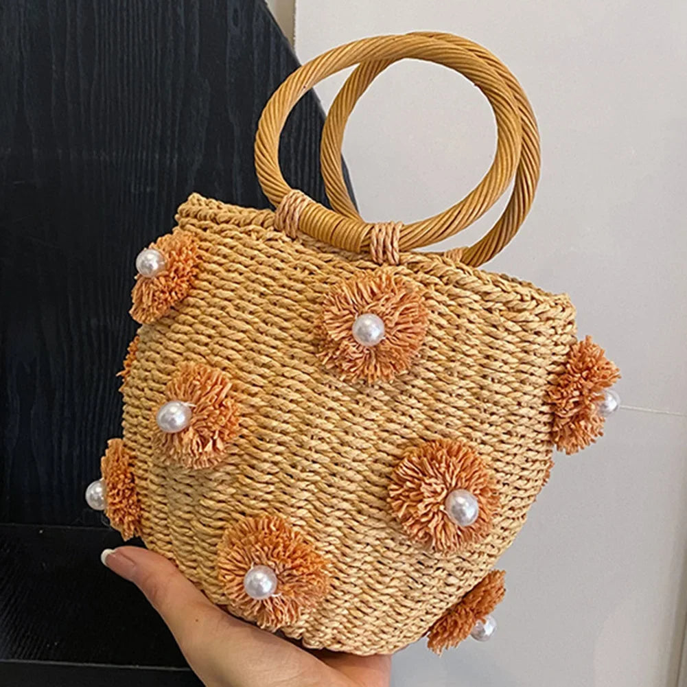 Fashion Women Straw Bucket Bag Drawstring Rattan Crochet Tote Handbag Purses Wrist Woven Straw Bag for Summer Holiday Beach Bag