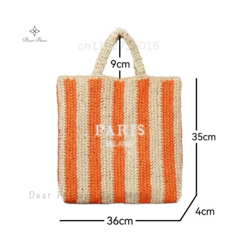 Women Colorful Stripes Fashion Straw Knitting Tote Bag Handwoven Summer Beach Travel Shoulder Bag Casual Bali Big Handbag Purses