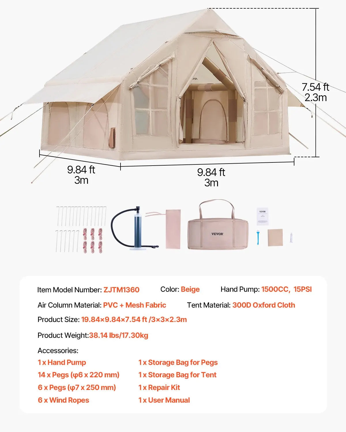 VEVOR 5-8/4-6/3-5 Person Inflatable Camping Tent with Air Pump - All-Weather Glamping Shelter for Family and Outdoor Adventures