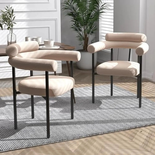 Dining Chairs Set of 2, Mid-Century Modern Dining Room Chairs with Curved Backrest and Armrest, Round Kitchen Chairs with Cush