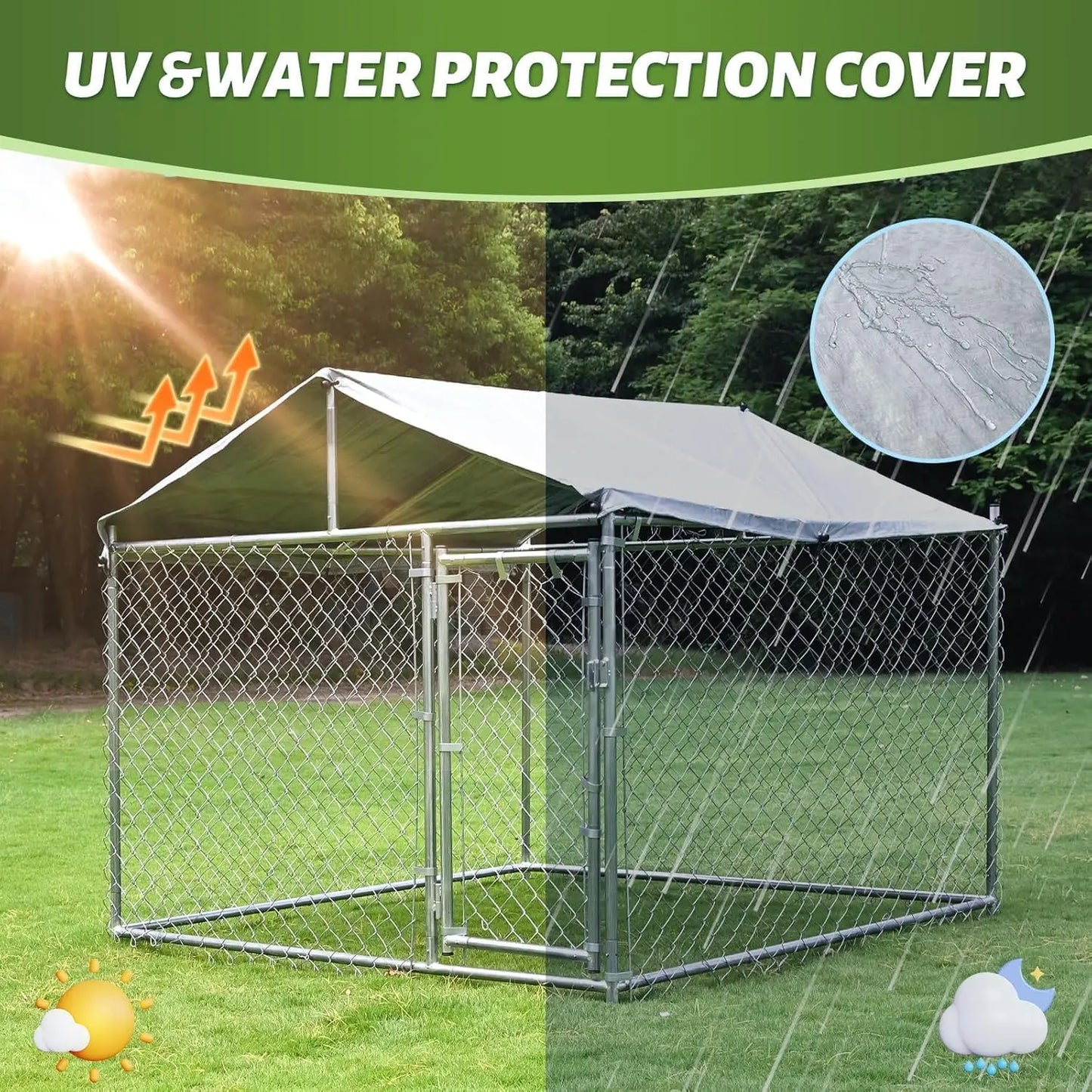 Large Dog Kennel Outside with Waterproof Cover,Outdoor Dog Kennel with Metal Gate,Heavy Duty Outside Dog Kennel with Roof