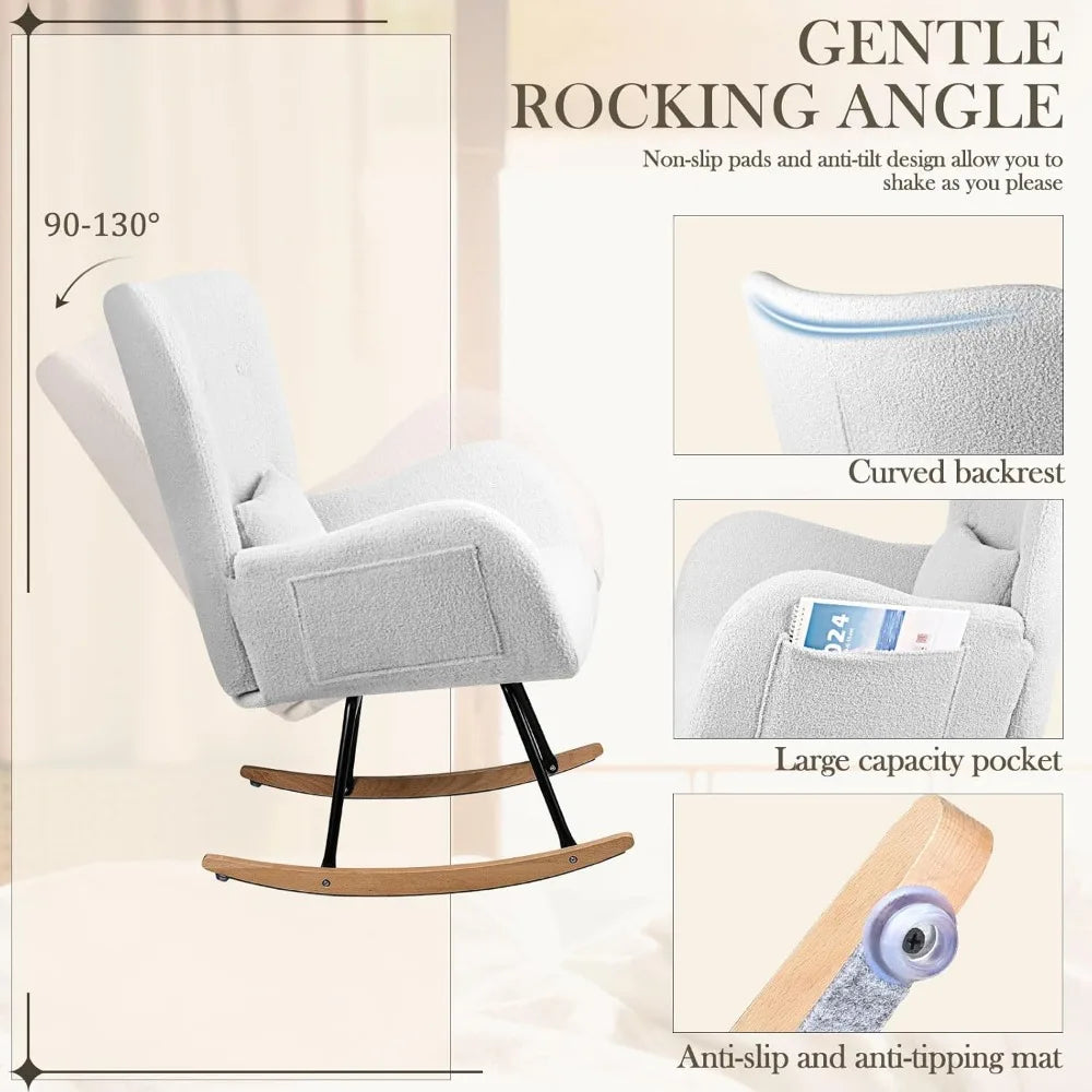 Rocking Chair Nursery, Teddy Upholstered Rocking Chair Indoor with High Backrest Glider Accent Chair, Padded Seat Nursing Chair