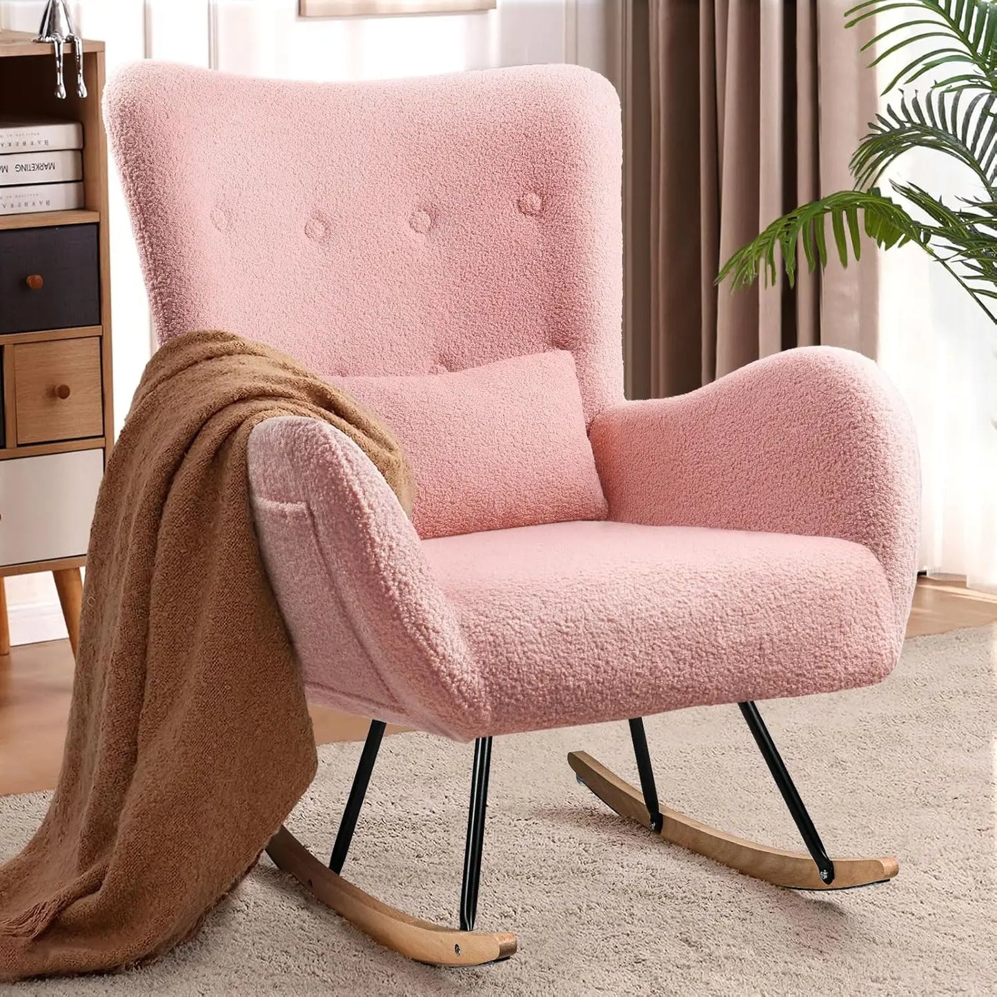 Rocking Chair Nursery, Teddy Upholstered Rocking Chair Indoor with High Backrest Glider Accent Chair, Padded Seat Nursing Chair