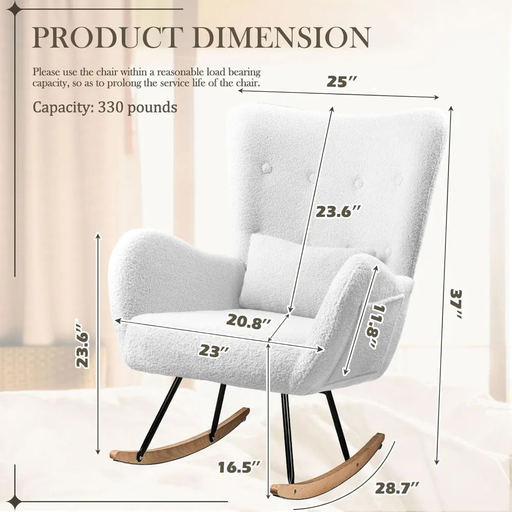 Rocking Chair Nursery, Teddy Upholstered Rocking Chair Indoor with High Backrest Glider Accent Chair, Padded Seat Nursing Chair
