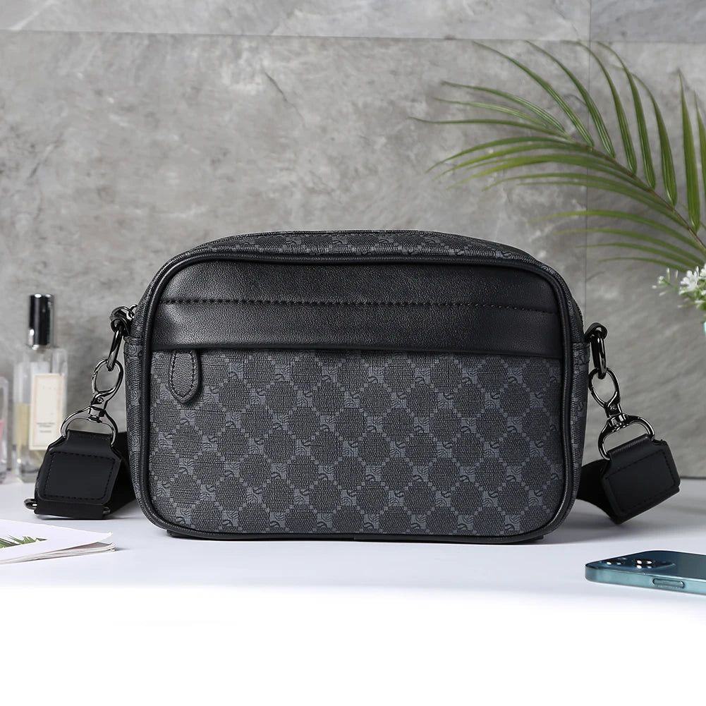 Leather Crossbody Satchel Classic Pattern Casual Business Men Shoulder Crossbody Bag Small Square Plaid Designer for Travel Work