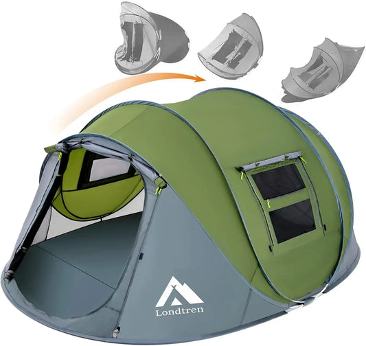 Green & Grey 110*78*51''4 Person Easy Pop Up Tent Waterproof Automatic Setup 2 Doors-Instant Family Tents for Camping Hiking & T