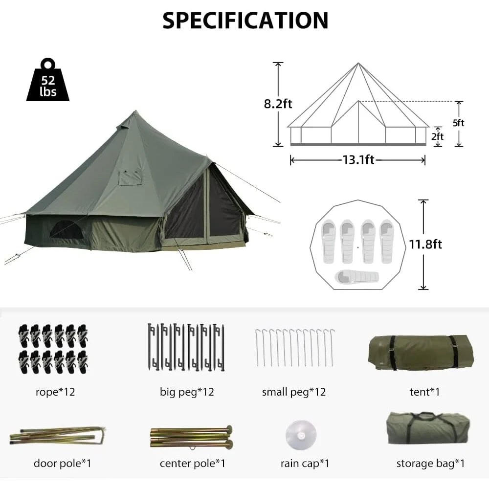 Cotton Canvas Bell Tent with Stove Jack Waterproof Glamping Tent Family Camping All Season Durable Portable Large Tent