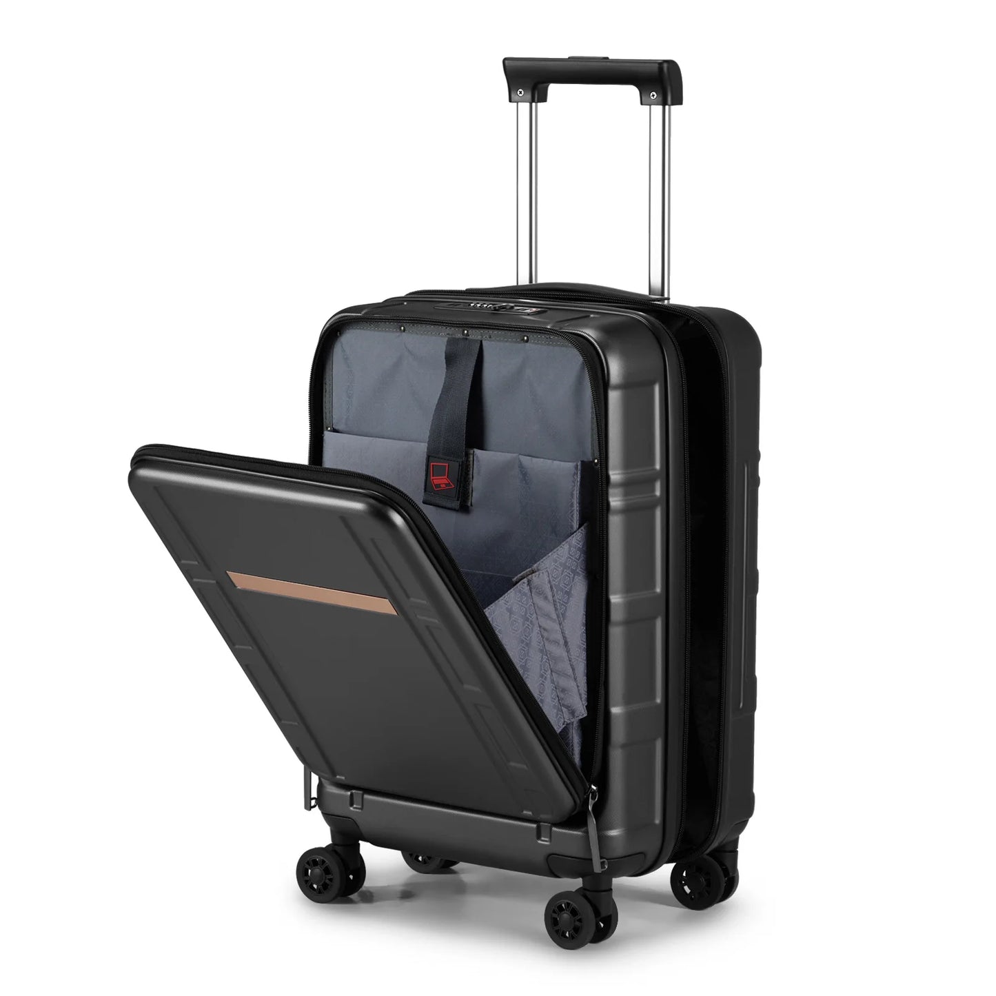 22 X 14 X 9 Airline Approved, ABS+PC 20 Inch Luggage with Front Compartment, Double Spinner Wheels, TSA Lock，Black Color