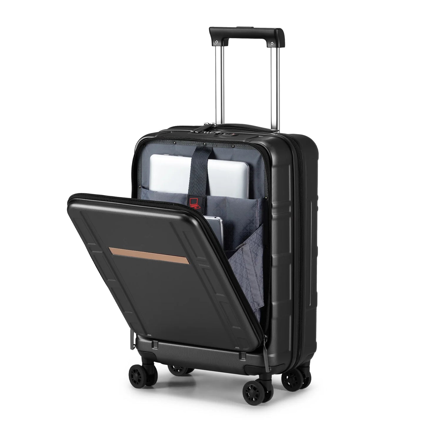 22 X 14 X 9 Airline Approved, ABS+PC 20 Inch Luggage with Front Compartment, Double Spinner Wheels, TSA Lock，Black Color
