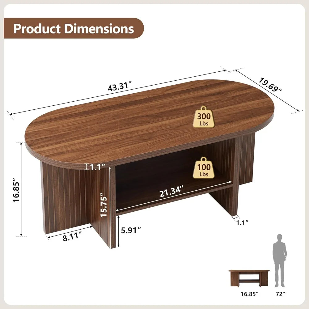 43.3” Coffee Table with Storage, Oval Coffee Tables for Living Room, Farmhouse Fluted Coffee Table with Large Storage Shelf