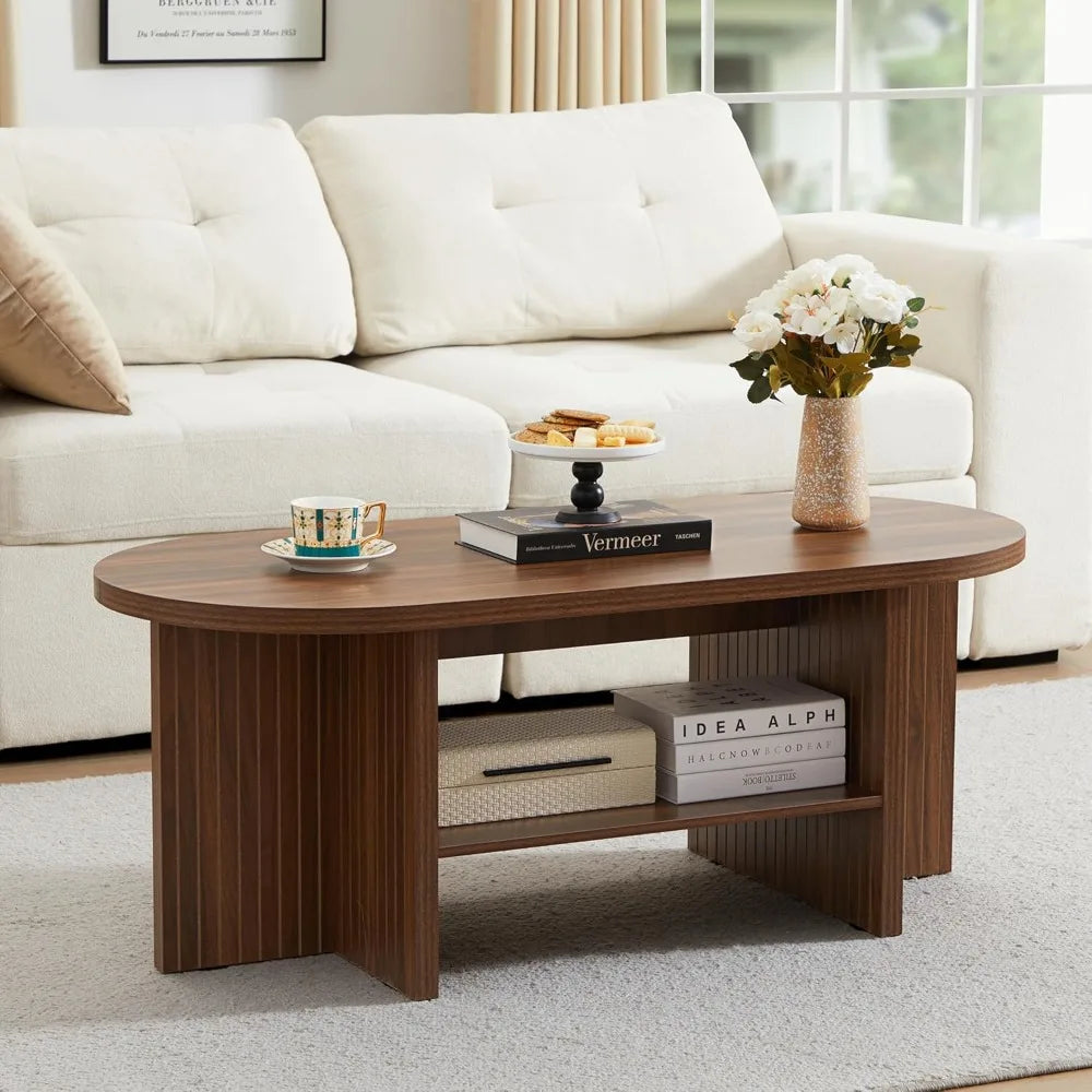 43.3” Coffee Table with Storage, Oval Coffee Tables for Living Room, Farmhouse Fluted Coffee Table with Large Storage Shelf