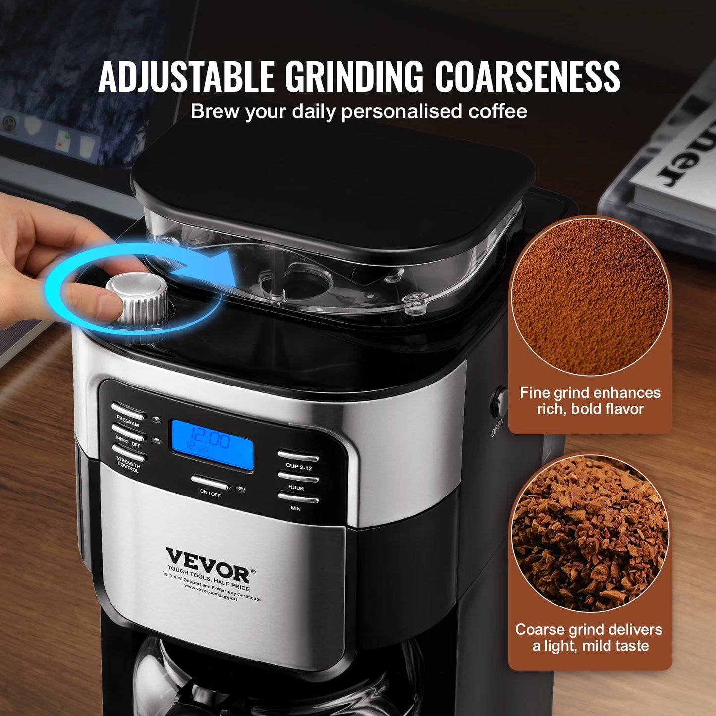 VEVOR Coffee Maker with Grinder, 12 Cup Grind and Brew Coffee Maker with 3 Brew Strength Control, 24-Hour Timer for Auto Brew