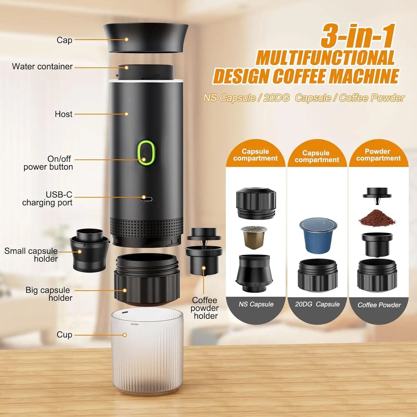 Self-Heating Car Coffee Maker with USB-C, Small Espresso Machine with Ground Coffee & Capsules (NS＆DG) for RV, Hiking, Office