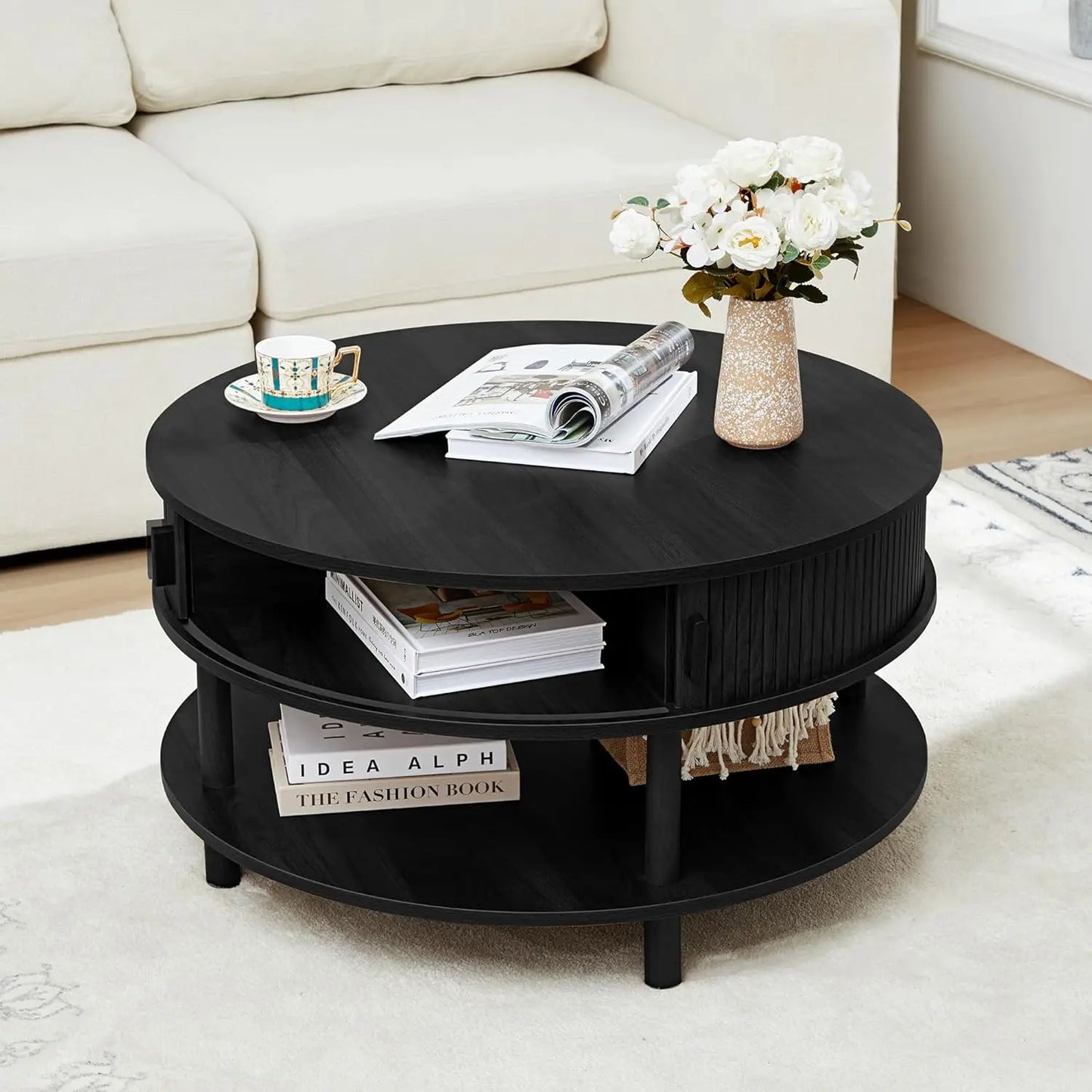 43.3” Coffee Table with Storage, Oval Coffee Tables for Living Room, Farmhouse Fluted Coffee Table with Large Storage Shelf