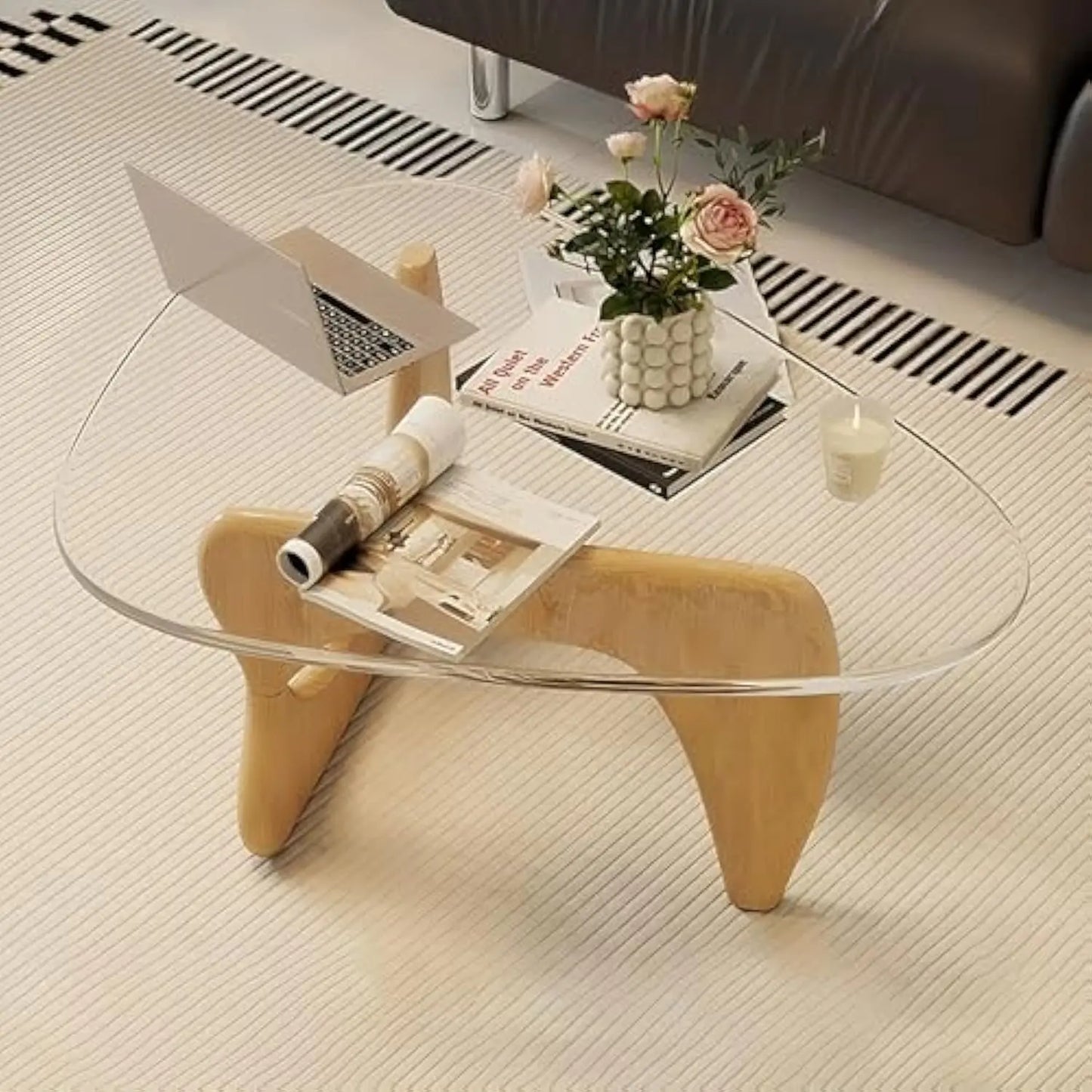 Mid-Century Modern Coffee Table - Triangle Glass Top Natural Wood Base Triangle Coffee Table for Living Room Patio Office Abstr