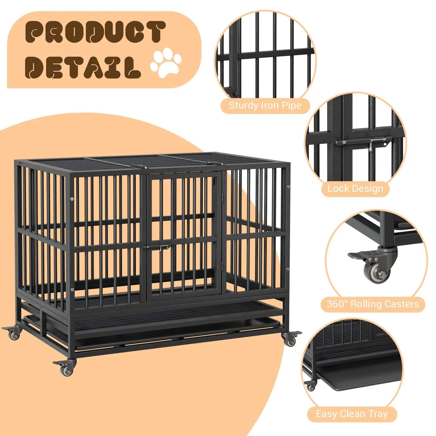 HeavyDuty Dog Crate Cage Kennel with Wheels,Dog Crate Steel Escape Proof,360°Lockable Wheels Removable Tray,Foldable DoubleDoor