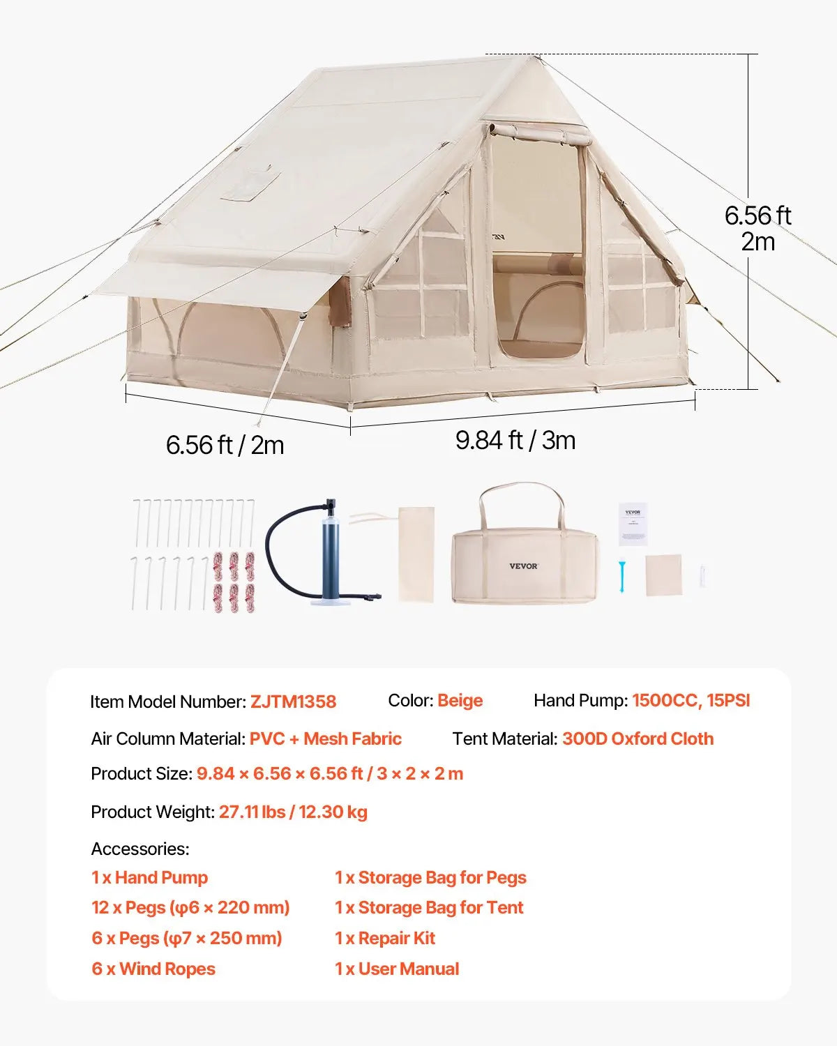 VEVOR 5-8/4-6/3-5 Person Inflatable Camping Tent with Air Pump - All-Weather Glamping Shelter for Family and Outdoor Adventures
